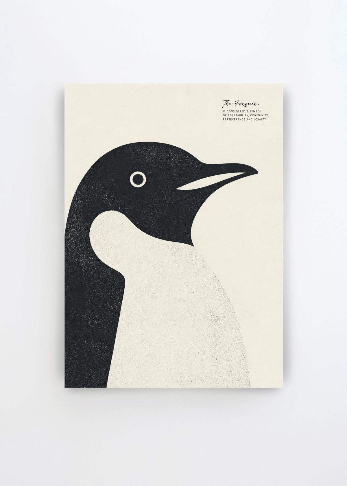 Minimalist black and white penguin profile art poster by Ohkimiko shown as a product image on a light background.