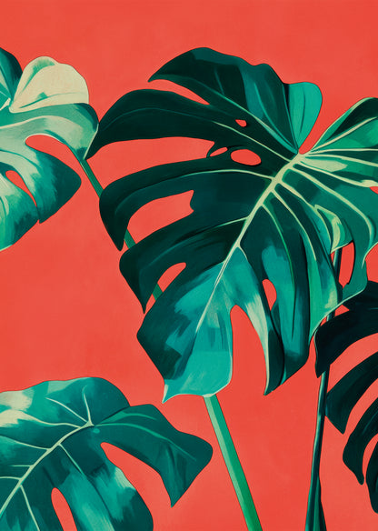 Poster of green monstera leaves on a red background