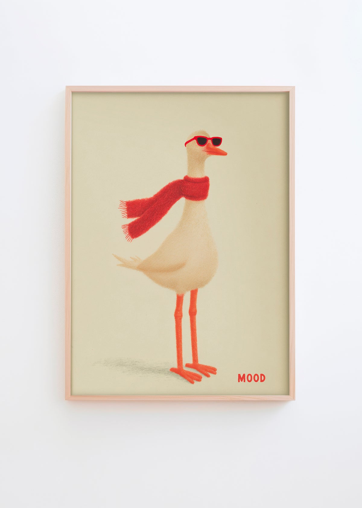 Gås med rødt halstørklæde og solbriller – humoristisk plakat med beige baggrund fra HelloPoster