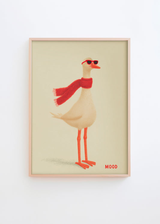 Gås med rødt halstørklæde og solbriller – humoristisk plakat med beige baggrund fra HelloPoster