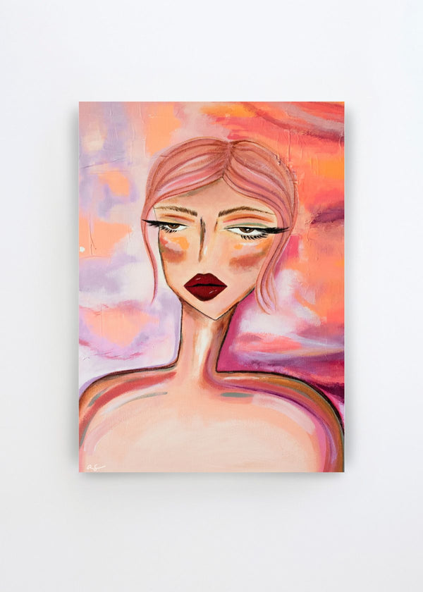 Moody Pink Hair Portrait by Amy Straley art print featuring an expressive woman with pink hair, dark red lips and soft painterly tones of pink, peach and lavender on a light background.