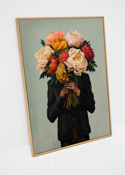 Mr. Flowerhead canvas print – modern artwork of a person holding a bouquet of colorful flowers