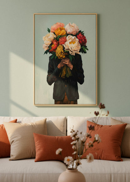 “Mr. Flowerhead” canvas print featuring a figure holding a large bouquet of colorful flowers, displayed above a beige sofa with warm cushions.