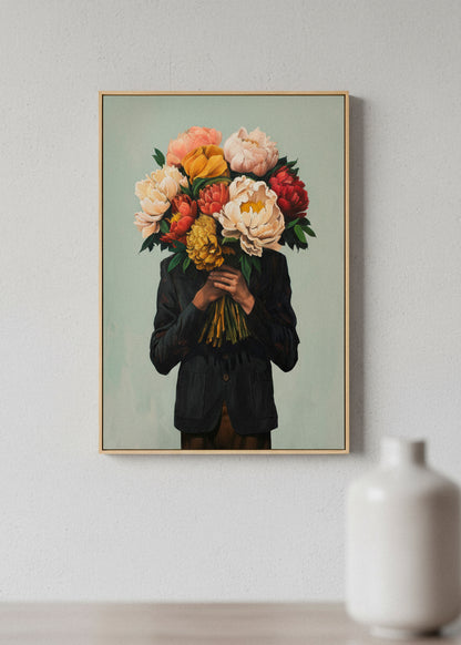 “Mr. Flowerhead” canvas print leaning against a wall in sunlight, emphasizing vivid floral tones and a calm, artistic atmosphere.