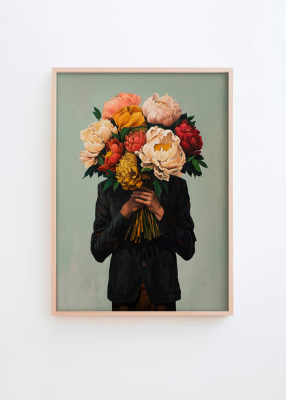 Mr Flower Head - HelloPoster - A person in a black jacket holding a large bouquet of colourful flowers in front of their face