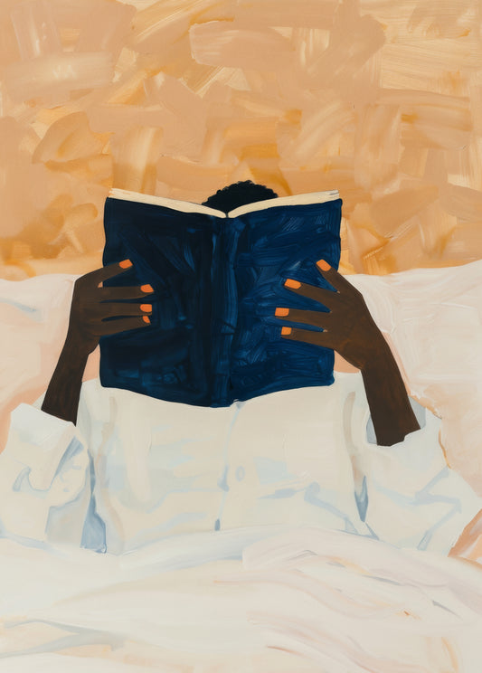 Illustration of a person with orange nails reading a blue book in bed, in warm, cozy tones