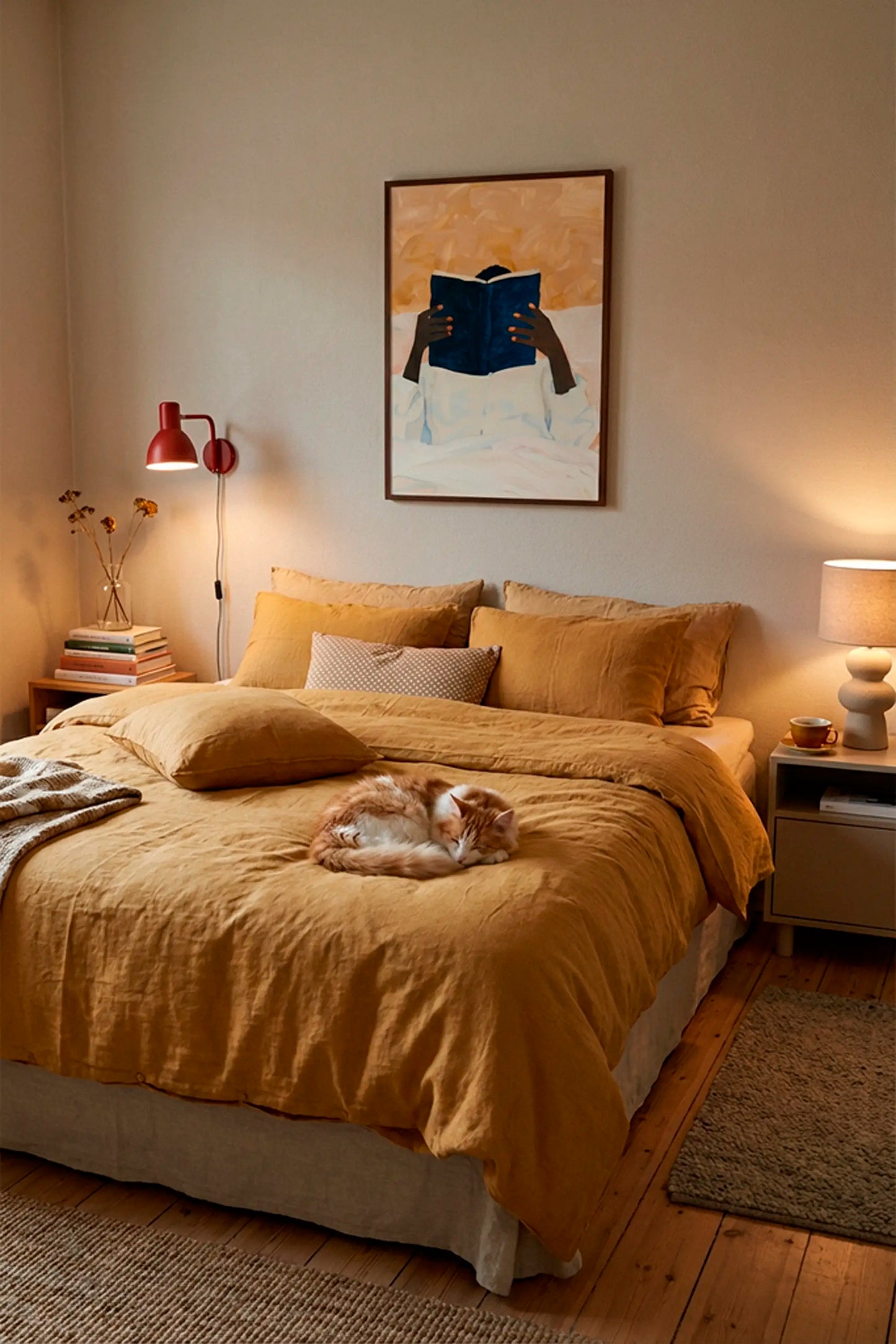 Bedroom with large Must Read poster above the bed creating a warm and cozy mood