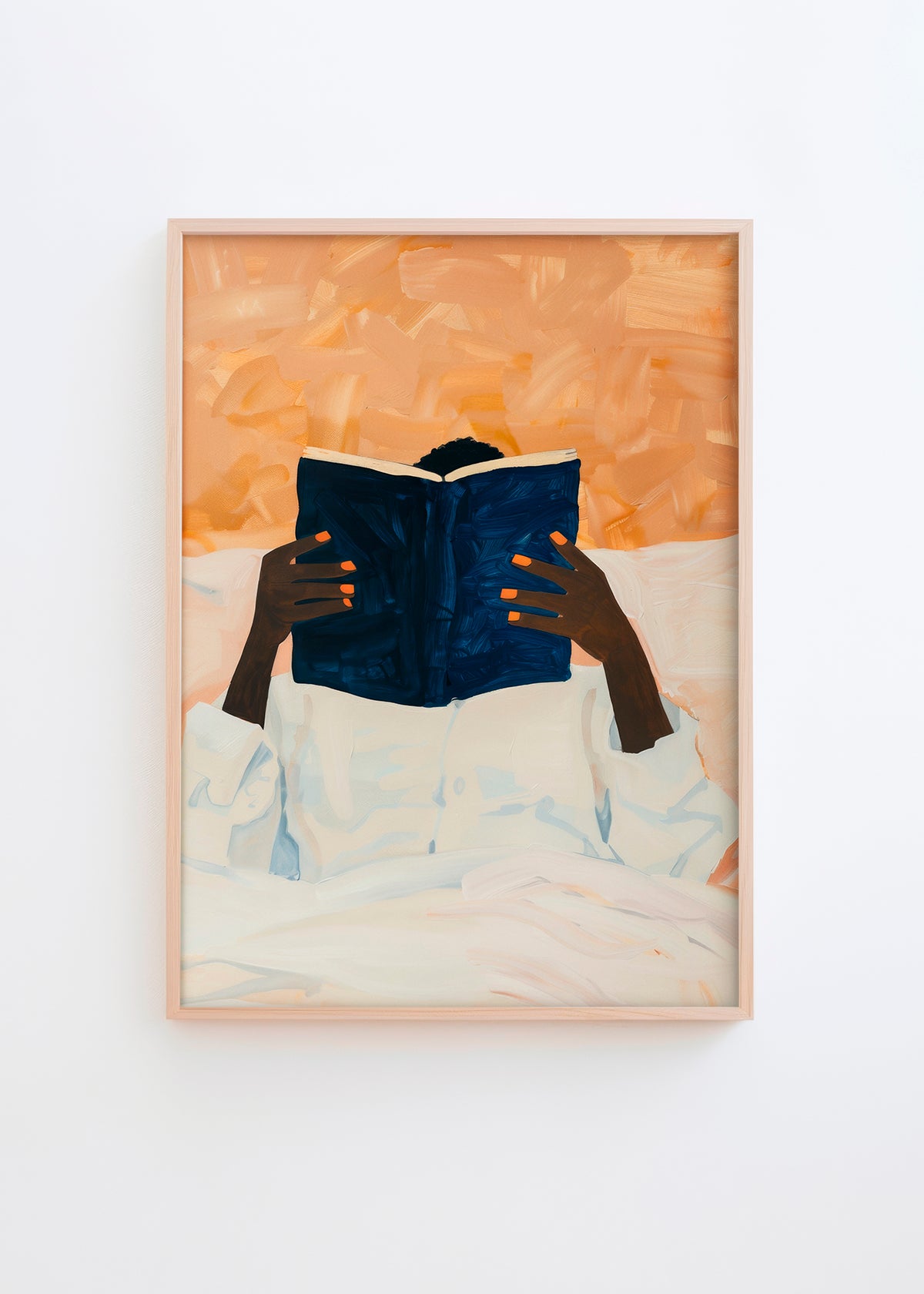 Illustration of a person with orange nails reading a blue book in bed, in warm, cozy tones