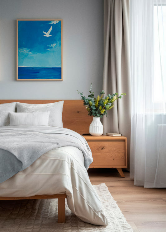 Calm and chill bedroom with a poster