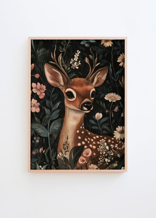 Illustrated poster of a gentle baby deer surrounded by lush forest flowers and foliage, set against a dark background with soft earthy tones.