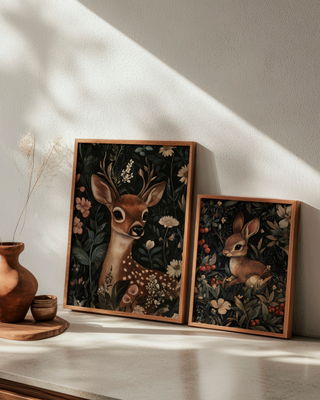 Framed posters 'Oh Deer' and 'Honey Bunny' displayed on a light wood sideboard in natural sunlight.
