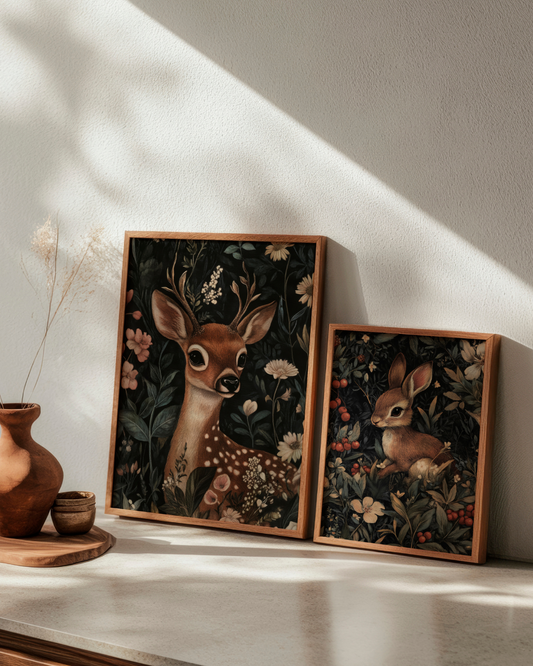 Framed posters 'Oh Deer' and 'Honey Bunny' displayed on a light wood sideboard in natural sunlight.