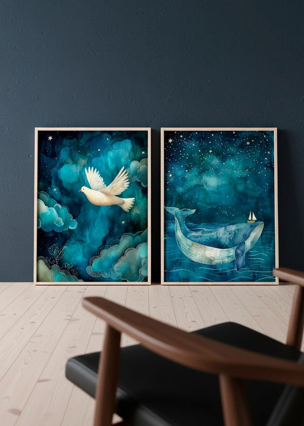 Two framed posters — One Big Friend with a dreamy blue whale under a starry sky and One Small Friend with a white dove flying through soft teal clouds — styled against a deep blue wall in a Nordic interior.