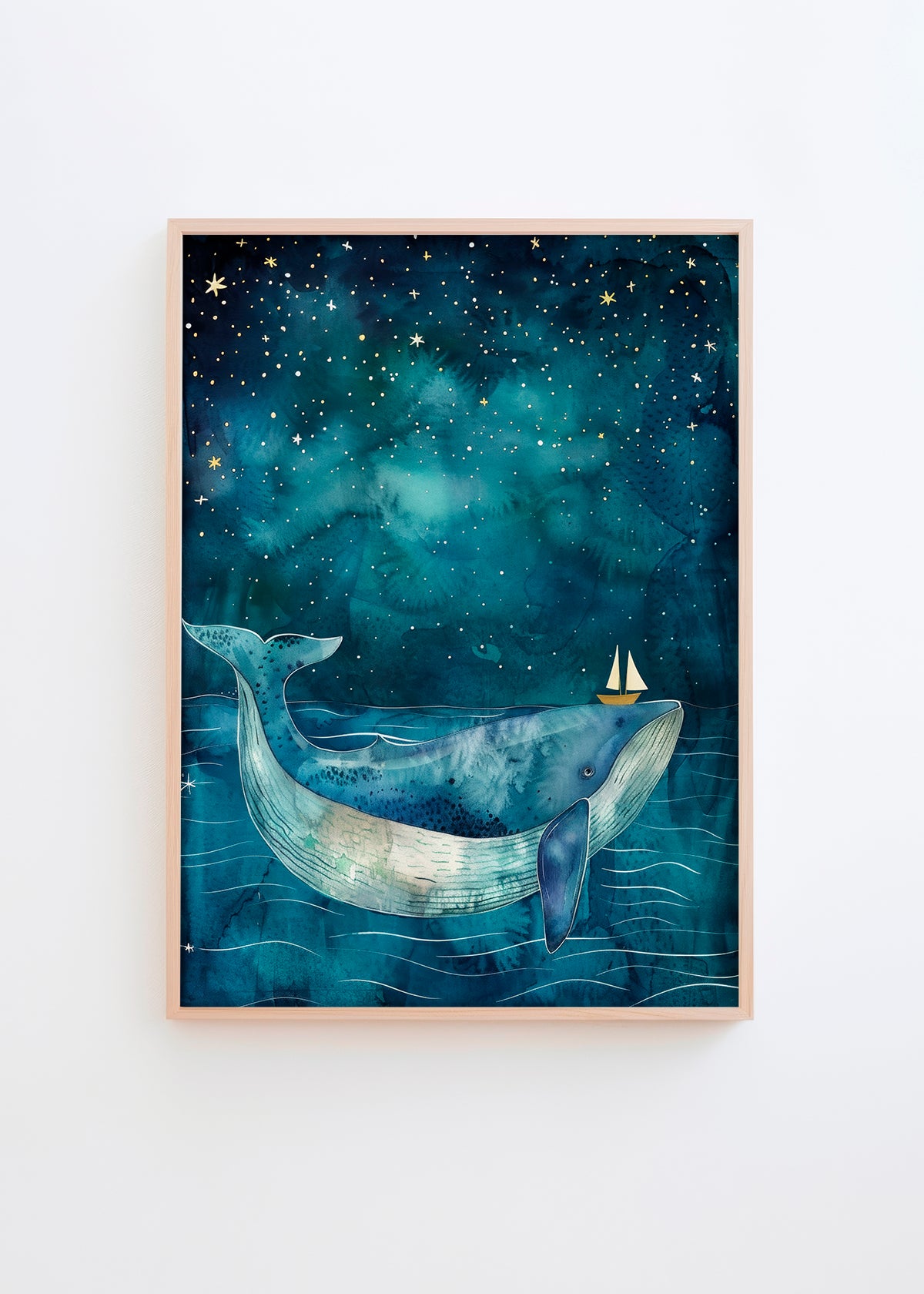 Poster of a dreamy whale with a sailboat on its nose under a starry night sky in deep blue tones.