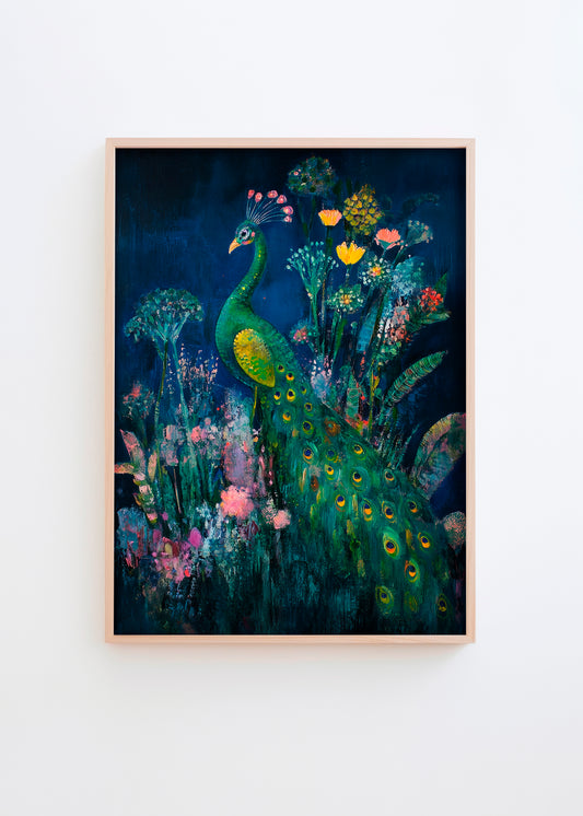 Poster with a colorful peacock surrounded by bright flowers on a dark blue background, framed in light wood.