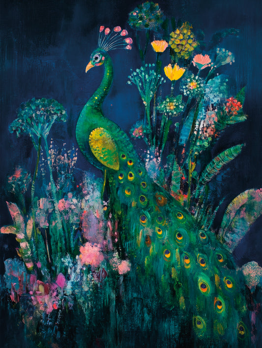 Poster with a colorful peacock surrounded by bright flowers on a dark blue background, framed in light wood.