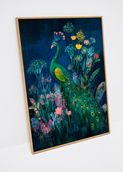 Peacock canvas print – elegant artwork of a green peacock with vibrant flowers