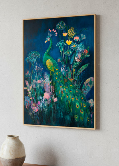 “Peacock” canvas print above a bed with dark green bedding, styled in moody light for a sophisticated and artistic look.