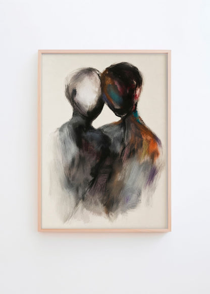 Persona abstract figurative poster in a natural oak frame featuring two faceless figures in expressive black, grey and earthy tones, styled on a white wall in a bright Scandinavian interior by Hello Poster