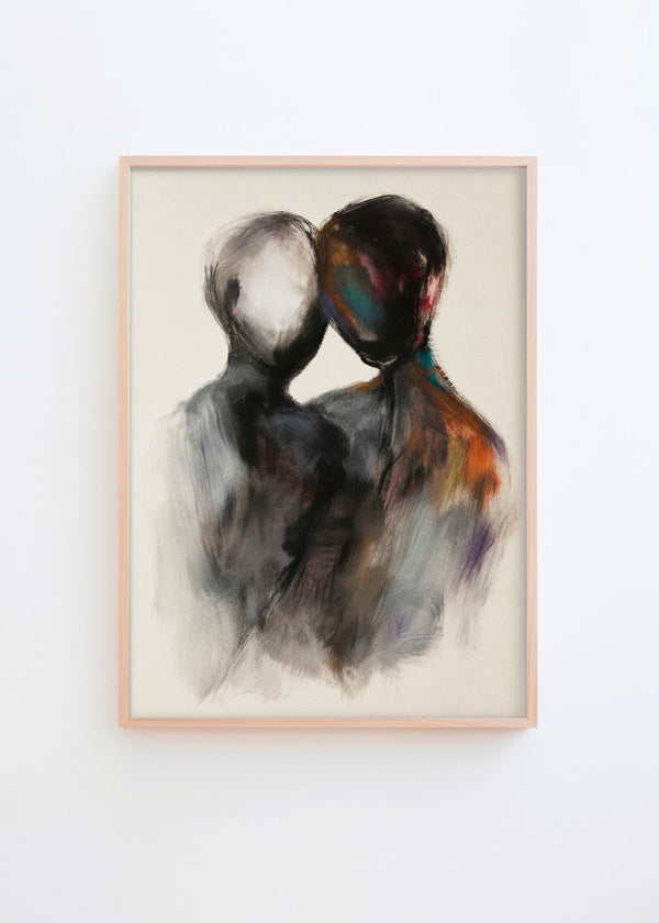 Persona abstract figurative poster in a natural oak frame featuring two faceless figures in expressive black, grey and earthy tones, styled on a white wall in a bright Scandinavian interior by Hello Poster