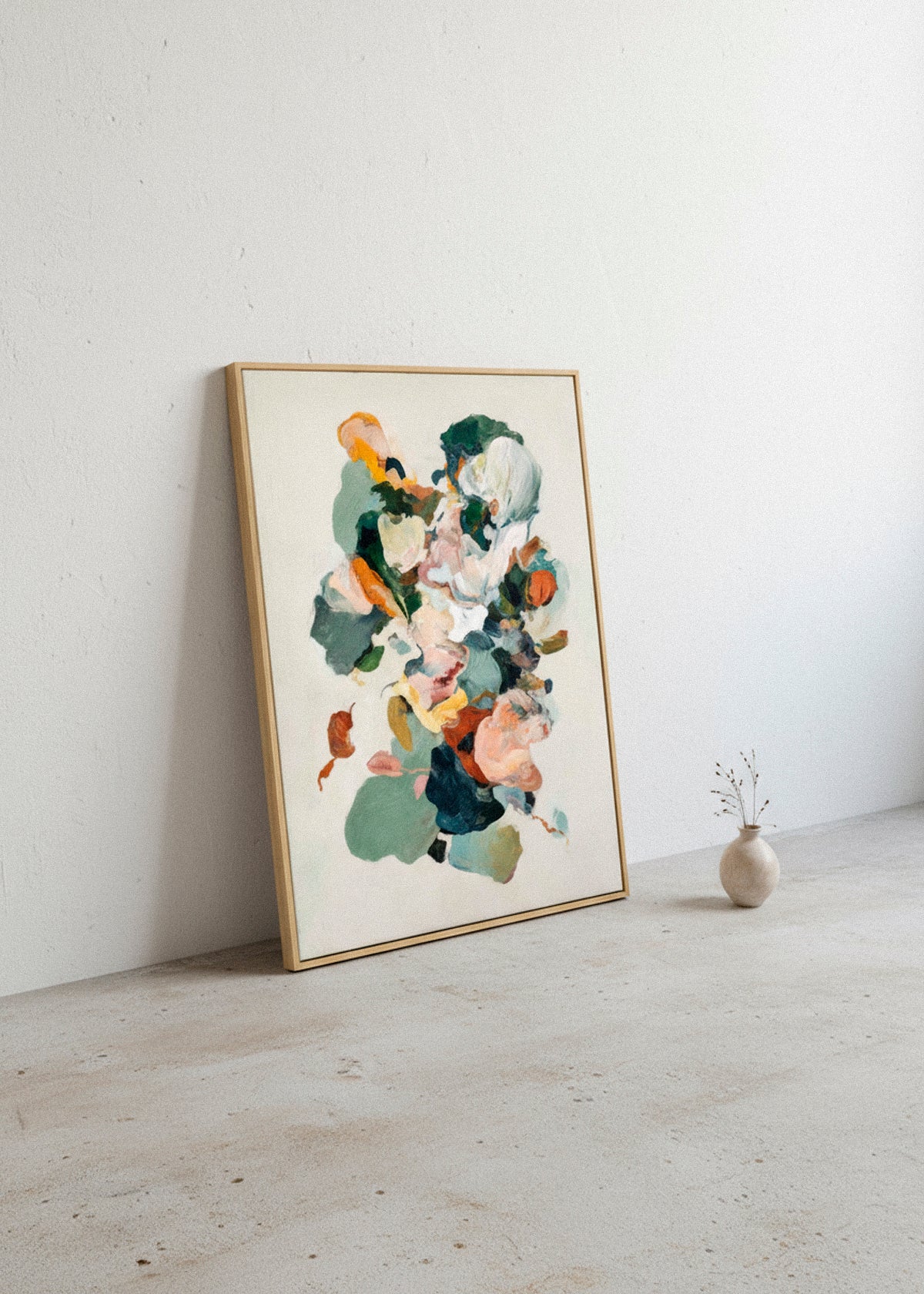 Petale canvas print with soft abstract flower shapes placed on a minimalist concrete floor – contemporary home decor by Hello Poster.