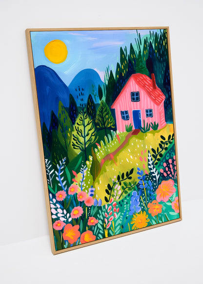 Pink House canvas print – colorful Scandinavian landscape with flowers and pink house