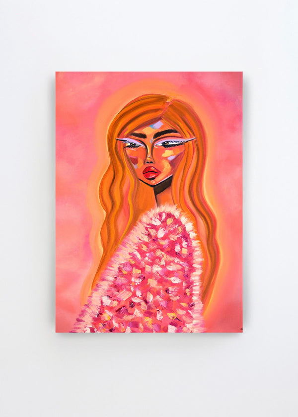 Pink Fur Glamour by Amy Straley art print featuring a glamorous woman with long warm-toned hair, dramatic makeup and a textured pink fur outfit against a soft pink and coral background.