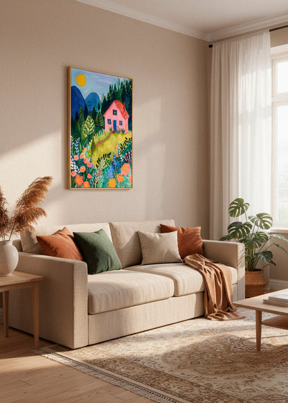 “Pink House” canvas print featuring a pink cottage surrounded by colorful wildflowers and mountains, leaning against a white wall.