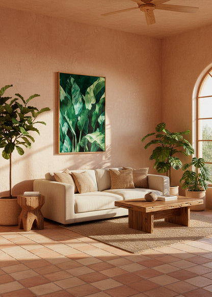 “Plant” canvas print above a rustic table decorated with colorful ceramics and potted plants, creating a cozy boho atmosphere.