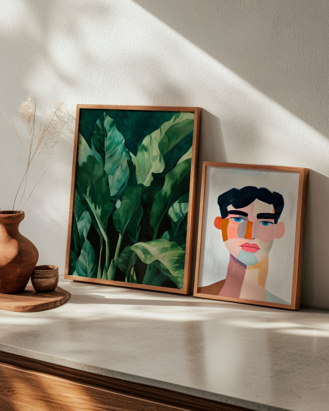 Botanical 'Plant' poster next to the abstract portrait 'Male', styled on a modern shelf with earthy tones.