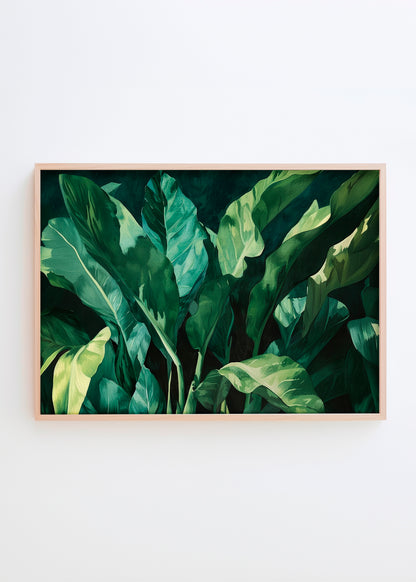 Plant Wide – a horizontal botanical poster featuring lush tropical leaves in deep green hues. A perfect choice for creating a peaceful, nature-inspired atmosphere at home.