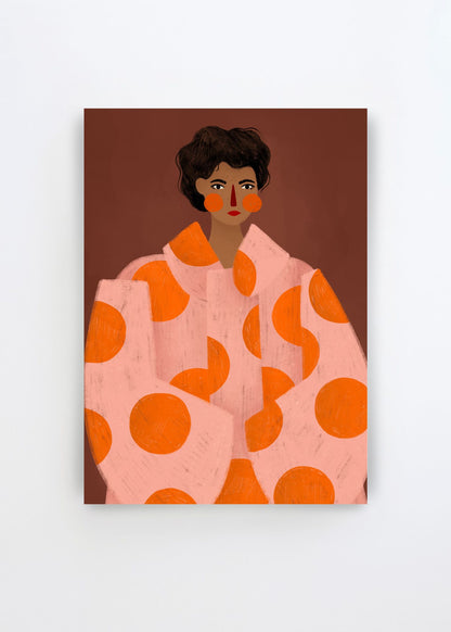 Polka Dot Fashion Portrait by Bea Müller – colorful art poster featuring a stylish woman in an oversized pink coat with bold orange polka dots on a warm brown background.