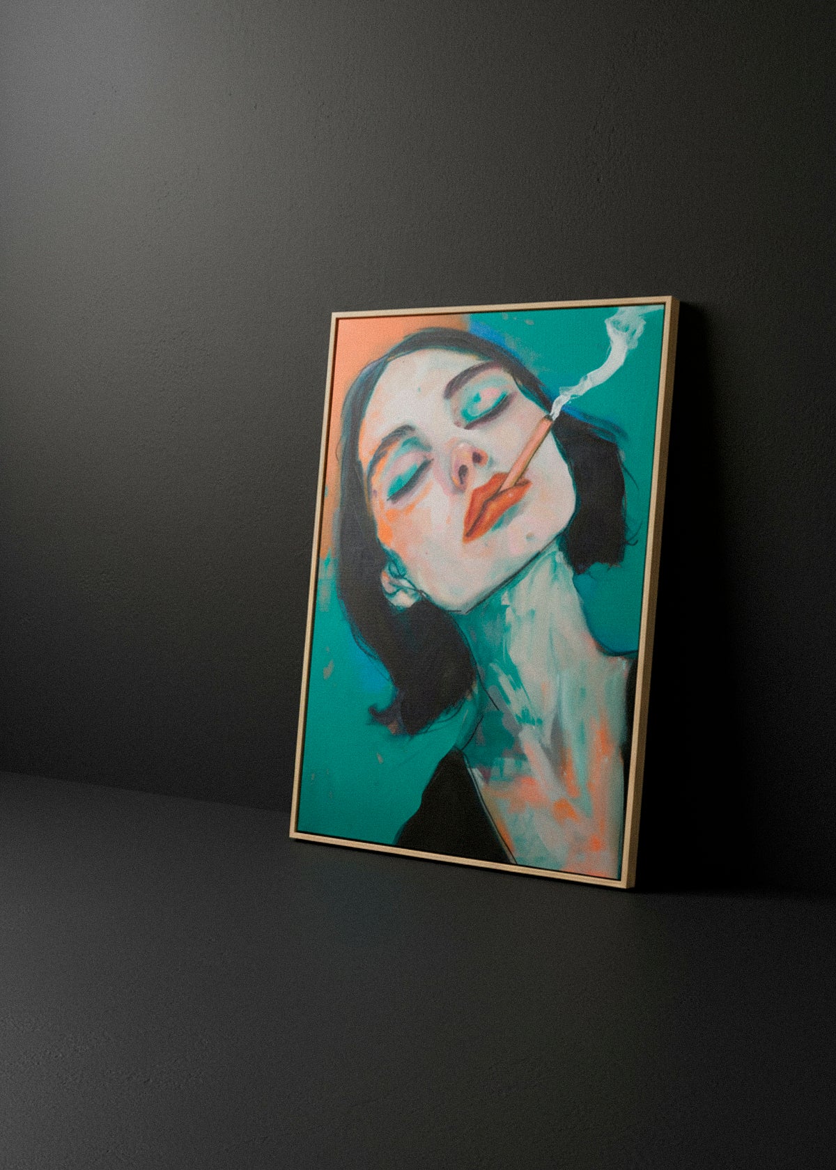 Close-up of Rebel framed canvas leaning against a dark wall – modern expressive portrait poster from HelloPoster with saturated teal and orange tones.