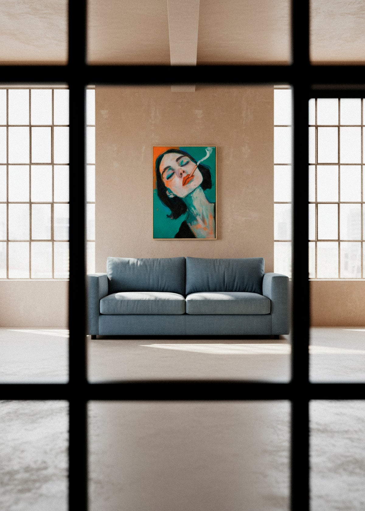 Rebel canvas print hanging above a blue sofa in a bright loft interior – contemporary framed wall art from HelloPoster with bold, vibrant portrait design