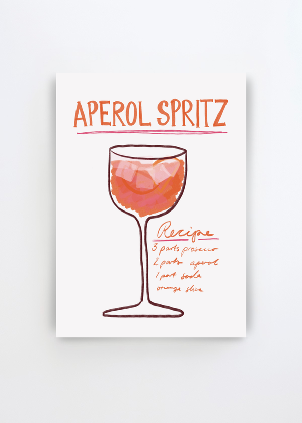 Recipe Delight by Athene Fritsch art print featuring a hand-drawn Aperol Spritz glass with ice and a handwritten cocktail recipe in warm orange, coral and burgundy tones on a soft white background