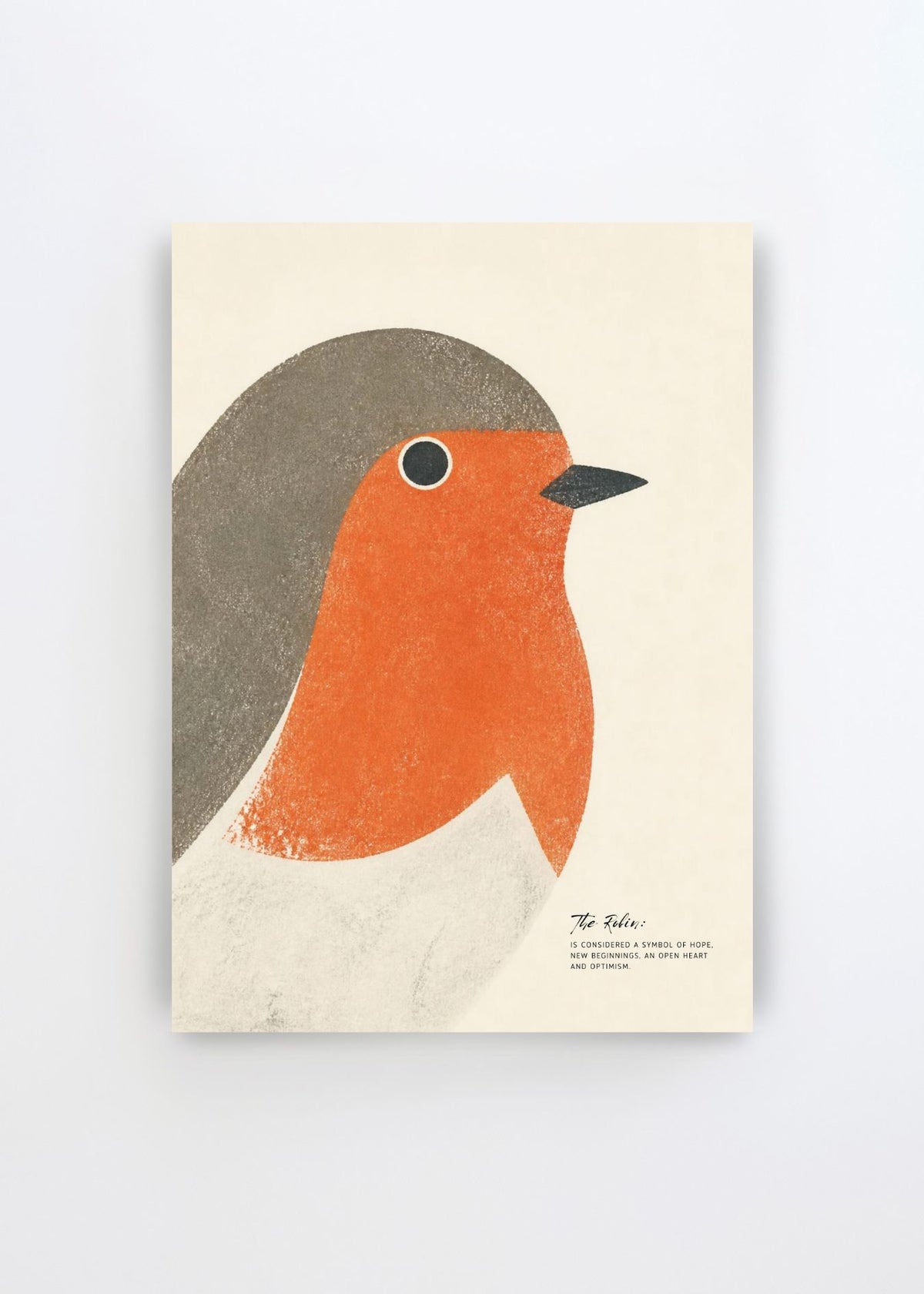 Red Robin New Beginnings art poster by Ohkimiko featuring a minimalist robin with a warm orange-red breast, soft grey-brown head and cream background.