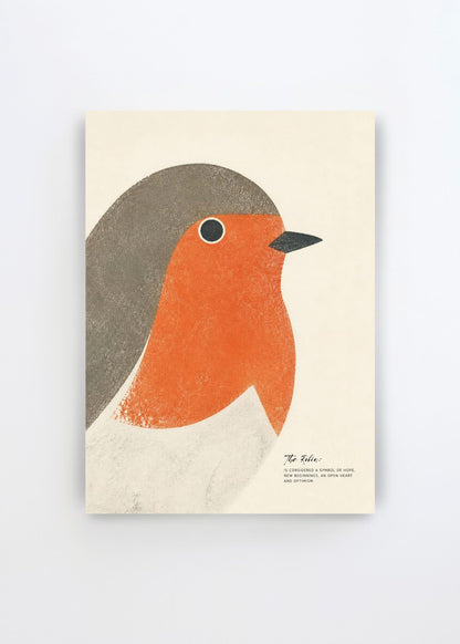 Red Robin New Beginnings art poster by Ohkimiko featuring a minimalist robin with a warm orange-red breast, soft grey-brown head and cream background.