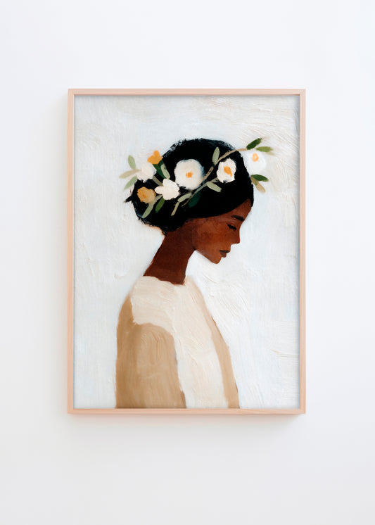 Elegant poster featuring a woman in profile with white and orange flowers in her hair