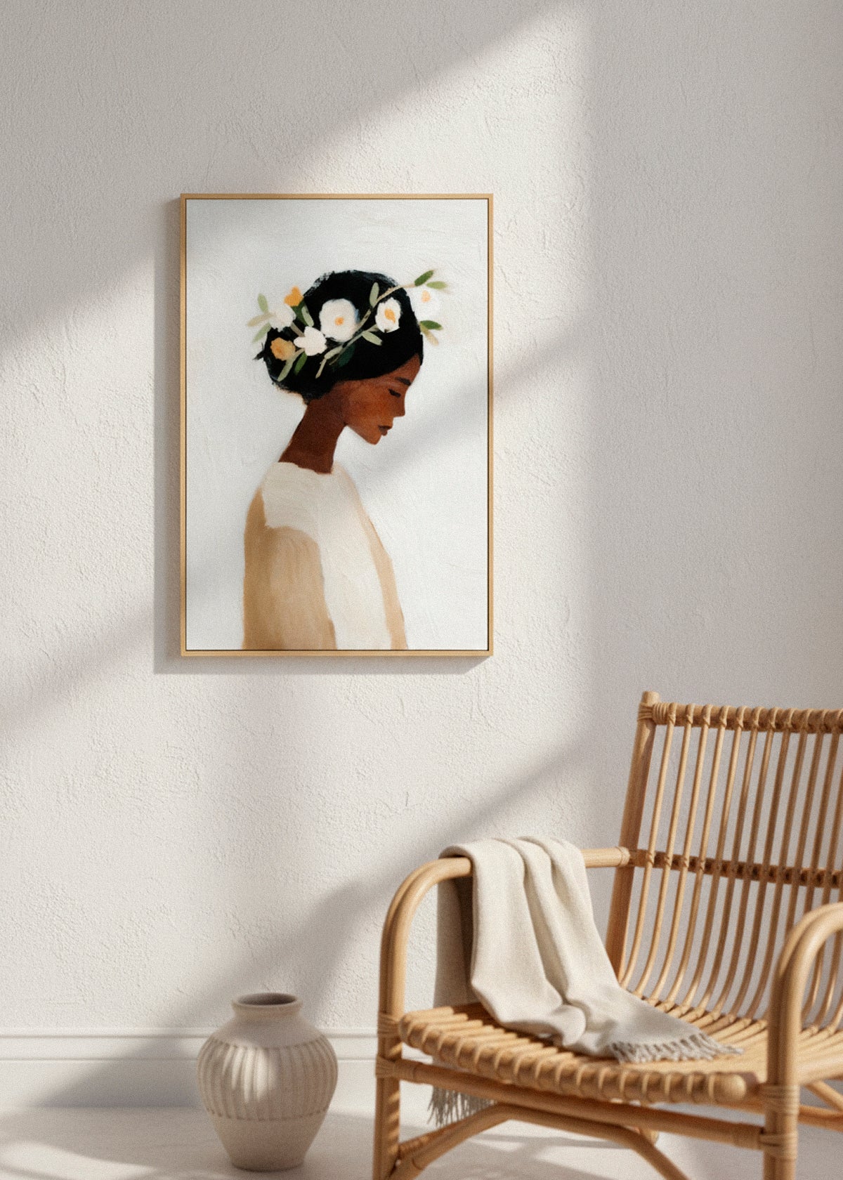 “Saint” canvas print hung in a warm, sunlit interior with light curtains and gentle shadows on the wall.
