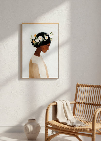 “Saint” canvas print hung in a warm, sunlit interior with light curtains and gentle shadows on the wall.