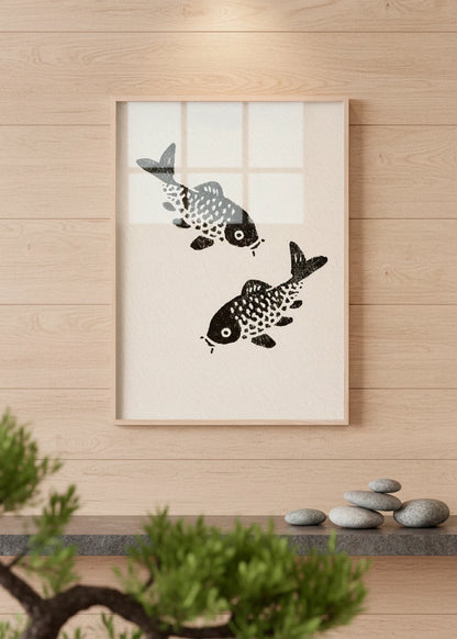 The Sakana poster with two black koi fish, hanging on a wooden wall in a serene Japanese-inspired setting.