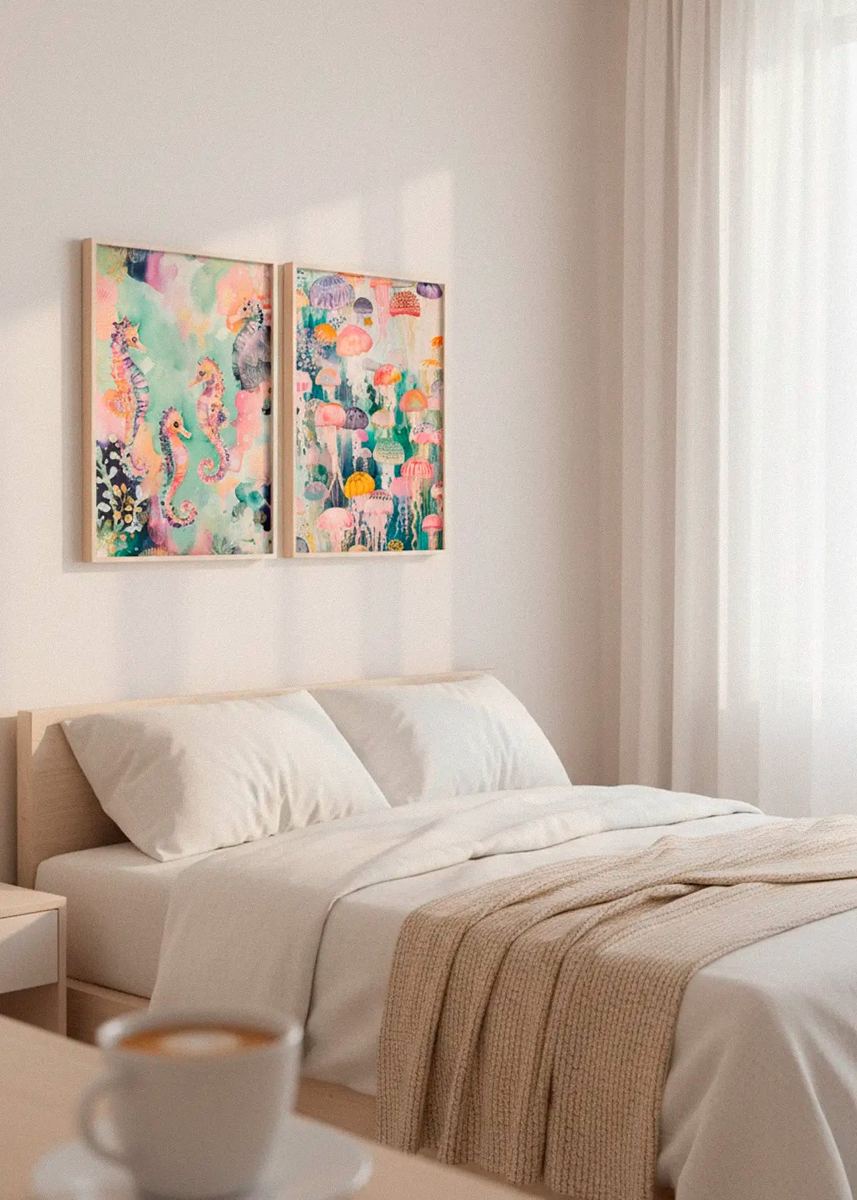 Sea World and Under Water wall art displayed above a bed in a calm Scandinavian bedroom, creating a soft, dreamy ocean-inspired atmosphere.