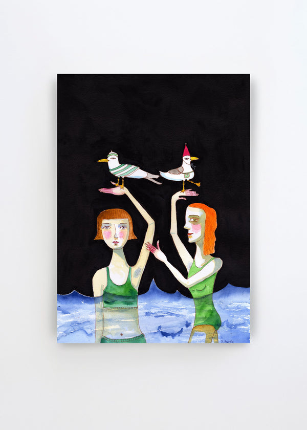 Seagulls In Hats by Sharyn Bursic – whimsical art poster featuring two women standing in blue water with playful seagulls wearing hats balanced above them.