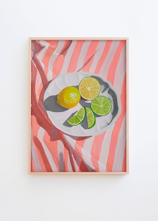 Poster with sliced citrus fruits on a white plate and striped background – ideal for kitchens or vibrant interior spaces.