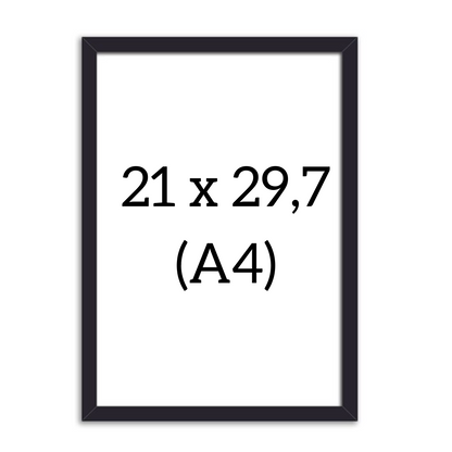 Black picture frame in size 21x29.7 cm (A4), shown from the front.