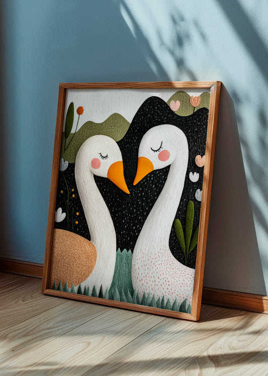 Swan Love poster featuring two swans with their beaks touching, creating a heart shape. The playful and colorful design includes floral and natural elements, framed in light wood and leaning against a soft blue wall, adding charm to any children's or cozy space.