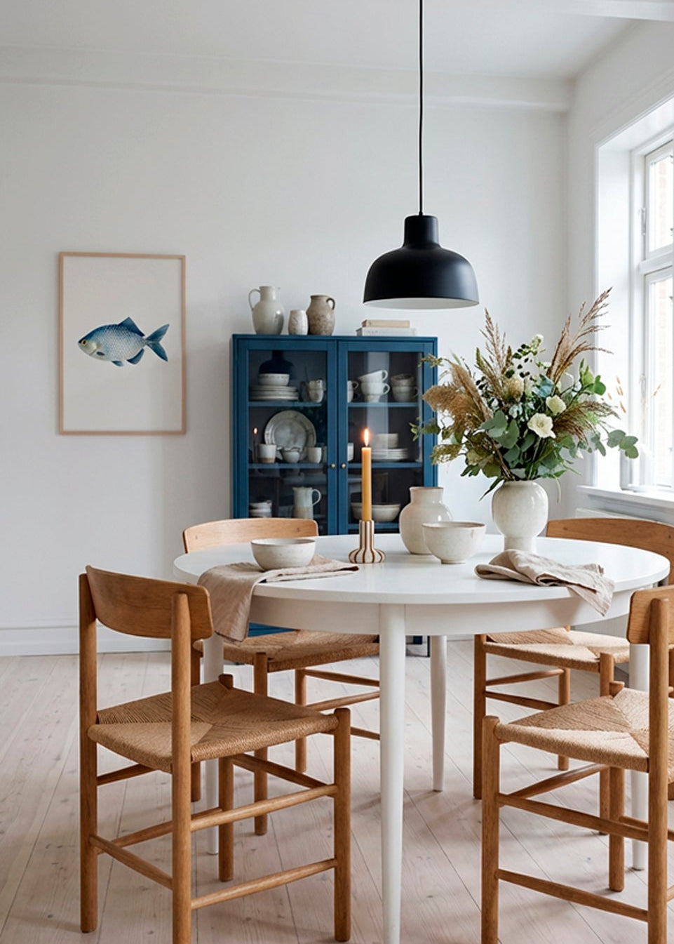 The Blue Fish art print in oak frame on white wall in modern Scandinavian dining room with round table, wooden chairs, blue cabinet and natural decor