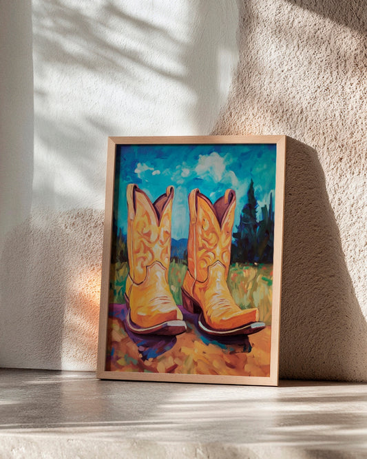 'The Boot Collection' art print featuring a pair of vibrant yellow cowboy boots in a colorful landscape, styled in an oak frame on a sunlit surface.