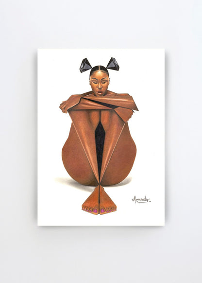 Thoughtful Folded Woman by Manasseh Johnson Sr. – figurative art print of a seated woman with folded arms and knees, rendered in warm brown tones with black geometric details on a white background.