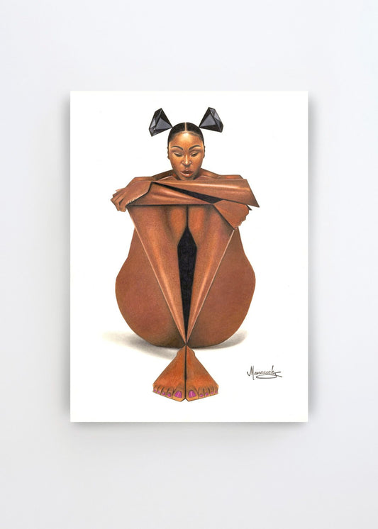 Thoughtful Folded Woman by Manasseh Johnson Sr. – figurative art print of a seated woman with folded arms and knees, rendered in warm brown tones with black geometric details on a white background.